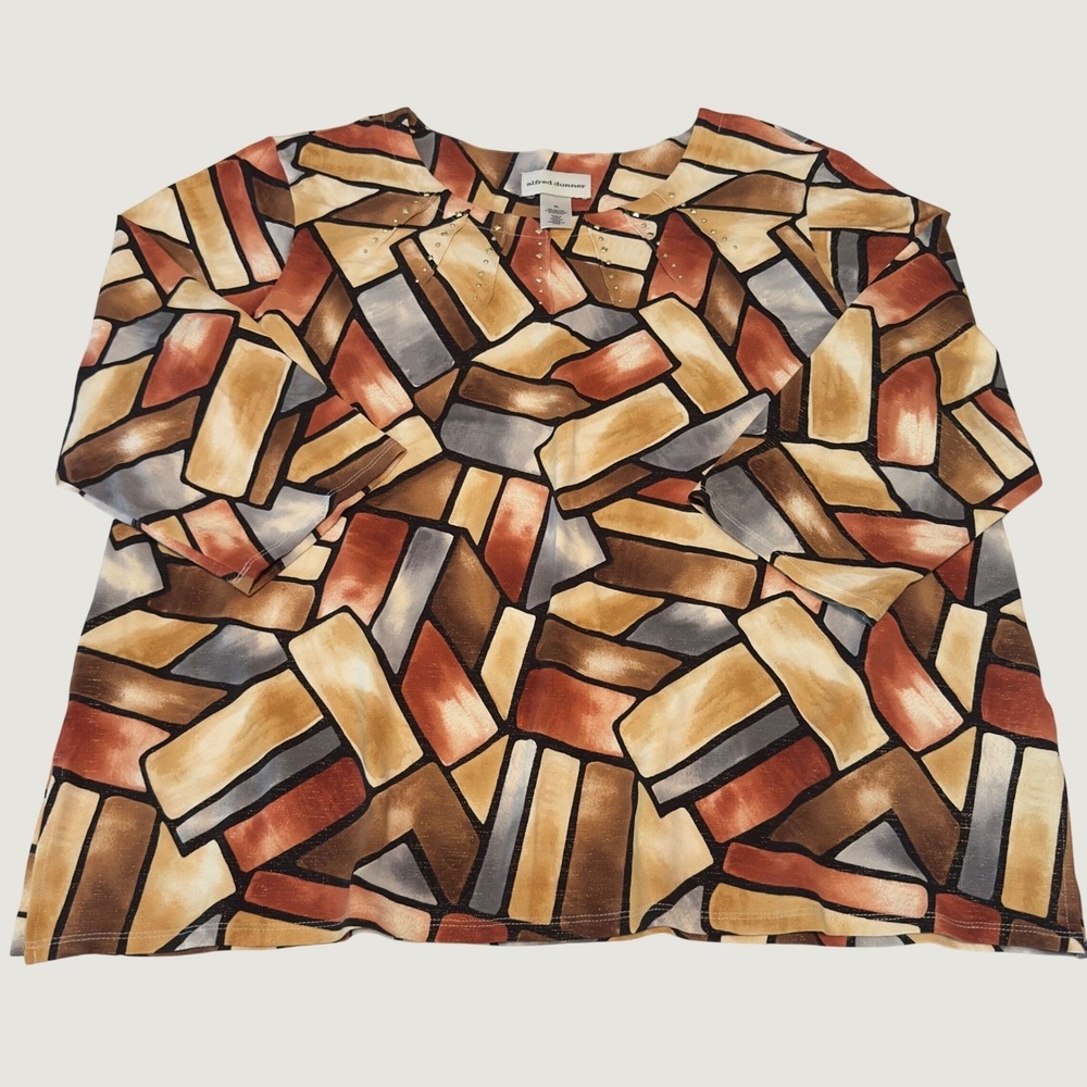 Alfred Dunner Womens XL‎ Geometric Print Studded Metallic 3/4 Sleeve Top Earthy